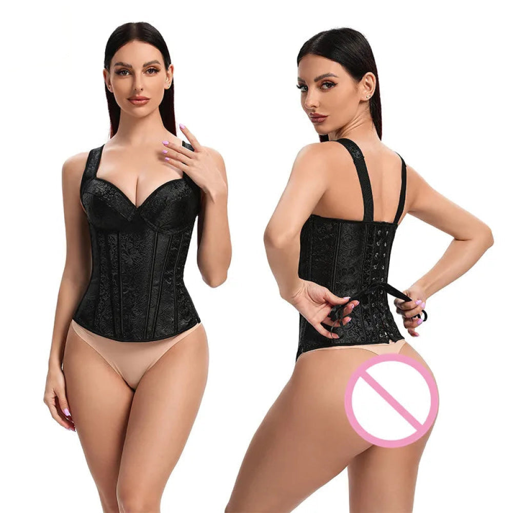 Adjustable Plus Size Steampunk Gothic Corset With G String S To 6Xl - Black - 5Xl