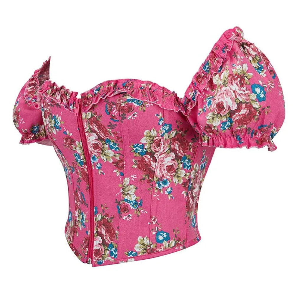 Vintage Floral Crop Top With Puff Sleeves Black / Pink / Green Denim Jeans Fabric Zip Up Corset For Women - Rose Pink - L