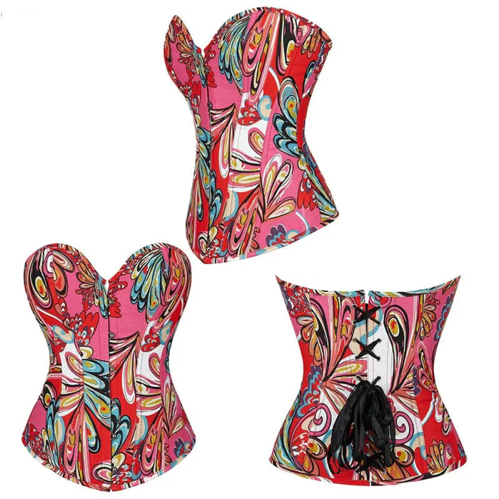 Vintage Lace-Up Denim Corset With Thong Plus Size S-Xxl - Red - S