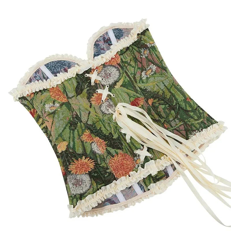 Green Lace Trim Gothic Corset Ruffled Victorian Bustier For Halloween - Xxl