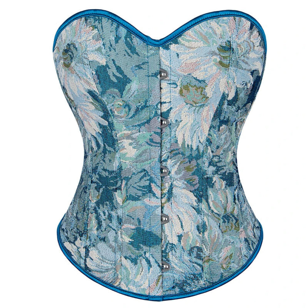 Floral Print Renaissance Corset 12 Plastic Bones Front 5 Busk Closure Plus Size - Blue 502 - Xxxl