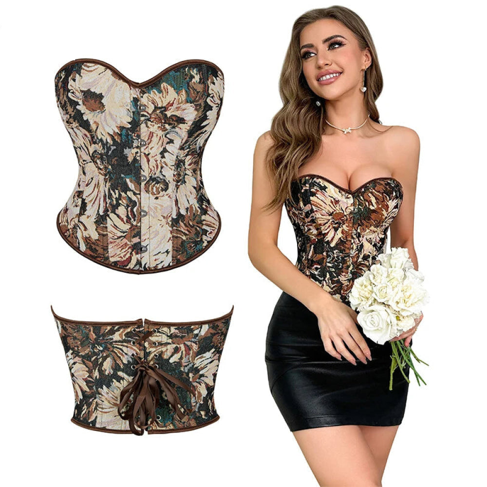 Floral Print Renaissance Corset 12 Plastic Bones Front 5 Busk Closure Plus Size - Blue 502 - Xxxl
