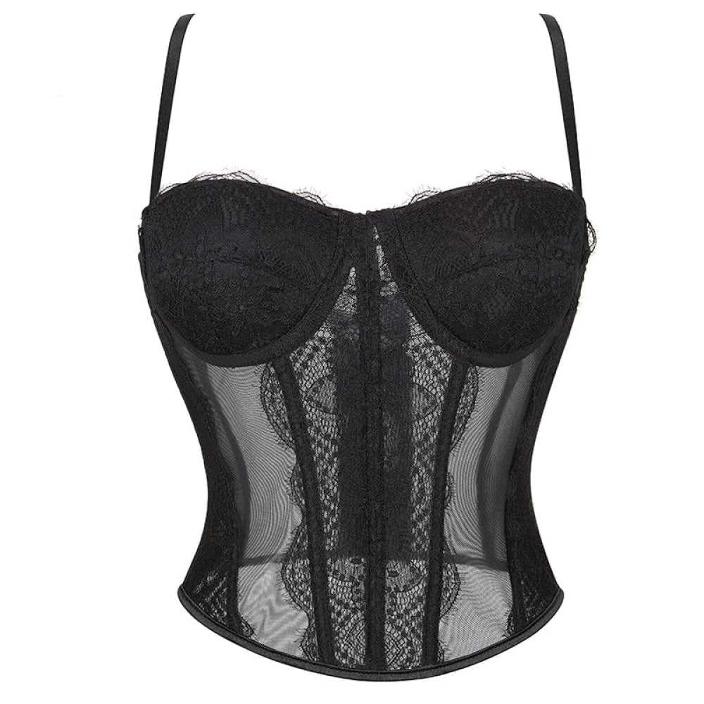 Mesh Lace Plus Size Corset With Spaghetti Straps & G-String 9 Plastic Bones Hook Adjust S-Xxxl - S