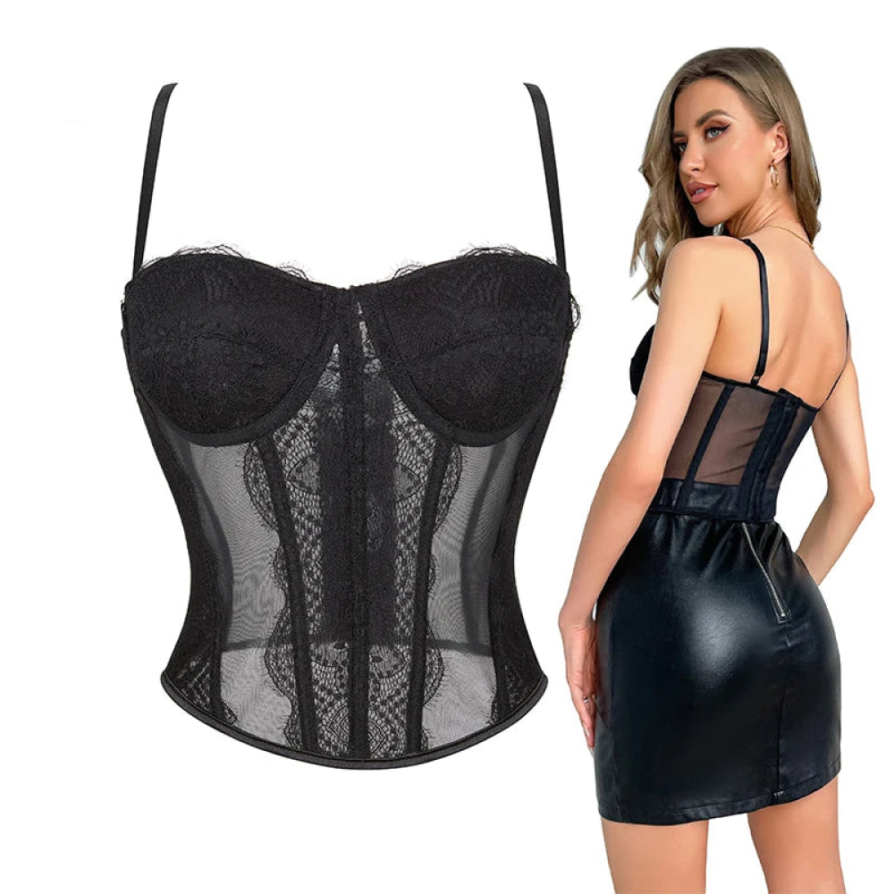 Mesh Lace Plus Size Corset With Spaghetti Straps & G-String 9 Plastic Bones Hook Adjust S-Xxxl - S