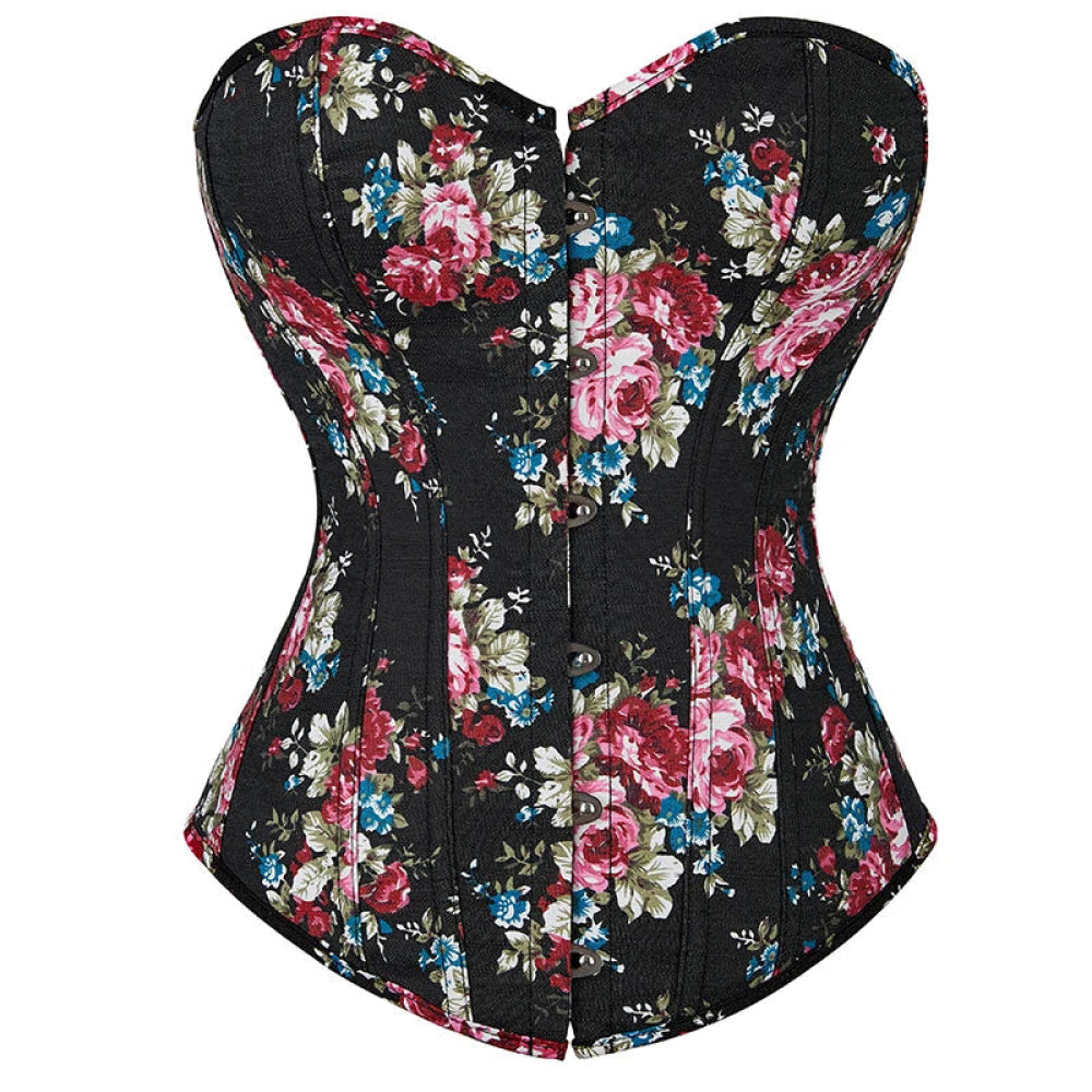 Vintage Floral Denim Corset Plus Size S-Xxl Lace Up Boned Overbust Fashionable - Black - Xl