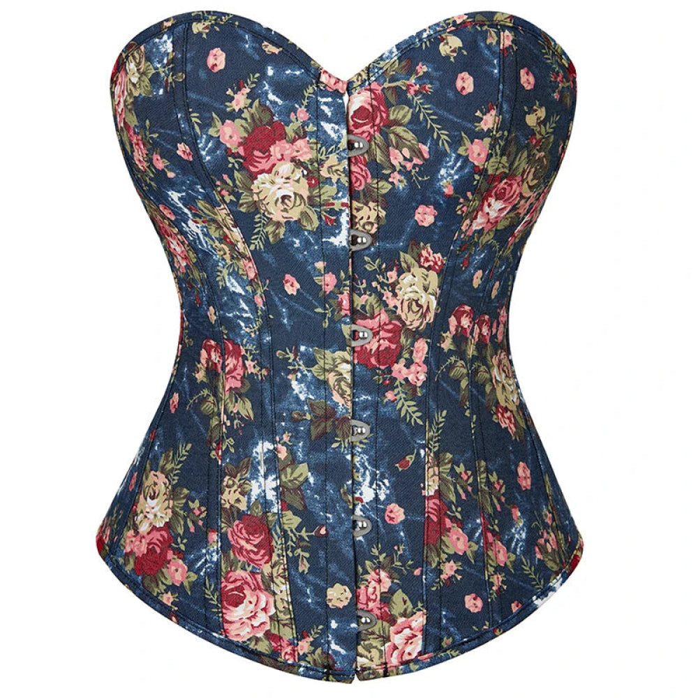 Vintage Floral Denim Corset Plus Size S-Xxl Lace Up Boned Overbust Fashionable - Blue - L