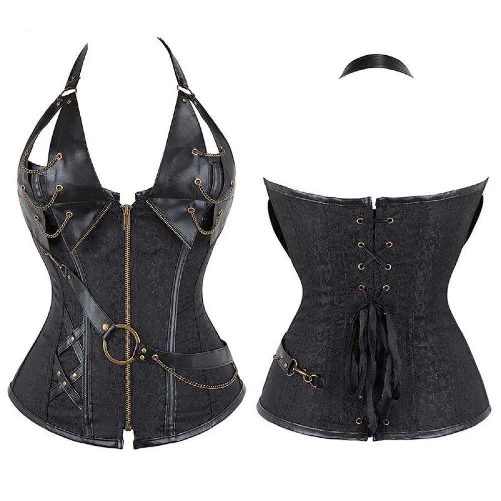 Deep V Halter Chest Binder Bustier Black Brown Steampunk Gothic Corset Plus Size With Zip - Black - L