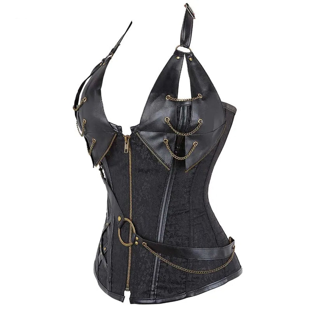 Deep V Halter Chest Binder Bustier Black Brown Steampunk Gothic Corset Plus Size With Zip - Black - L
