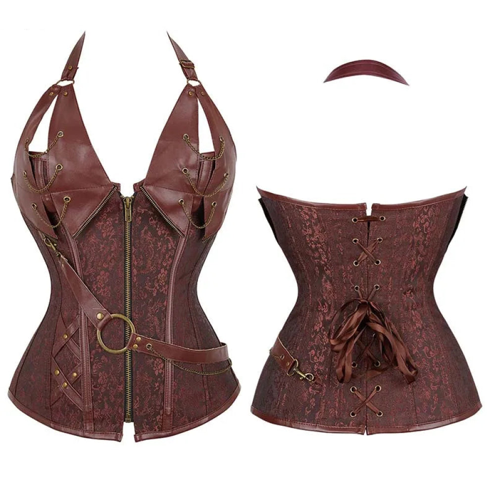 Deep V Halter Chest Binder Bustier Black Brown Steampunk Gothic Corset Plus Size With Zip - Brown - 4Xl