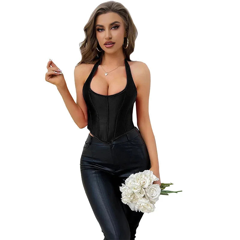 Black Gothic Corset Top Plus Size Slimming Bustier With Halter-Strap And Satin Material - L