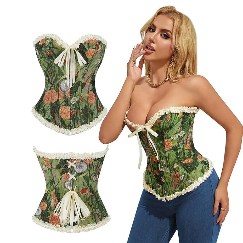 Green Floral Print Boned Corset Front Busk Closure Bowknot Bandage Victorian Style - Xl