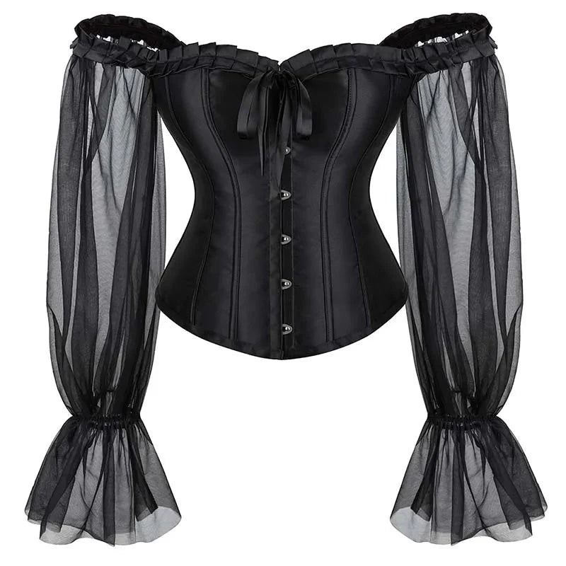 Ruffled Gothic Corselet Top With Puff Sleeves And Lace-Up Boning Transparent Satin Overbust Corset For Women - S