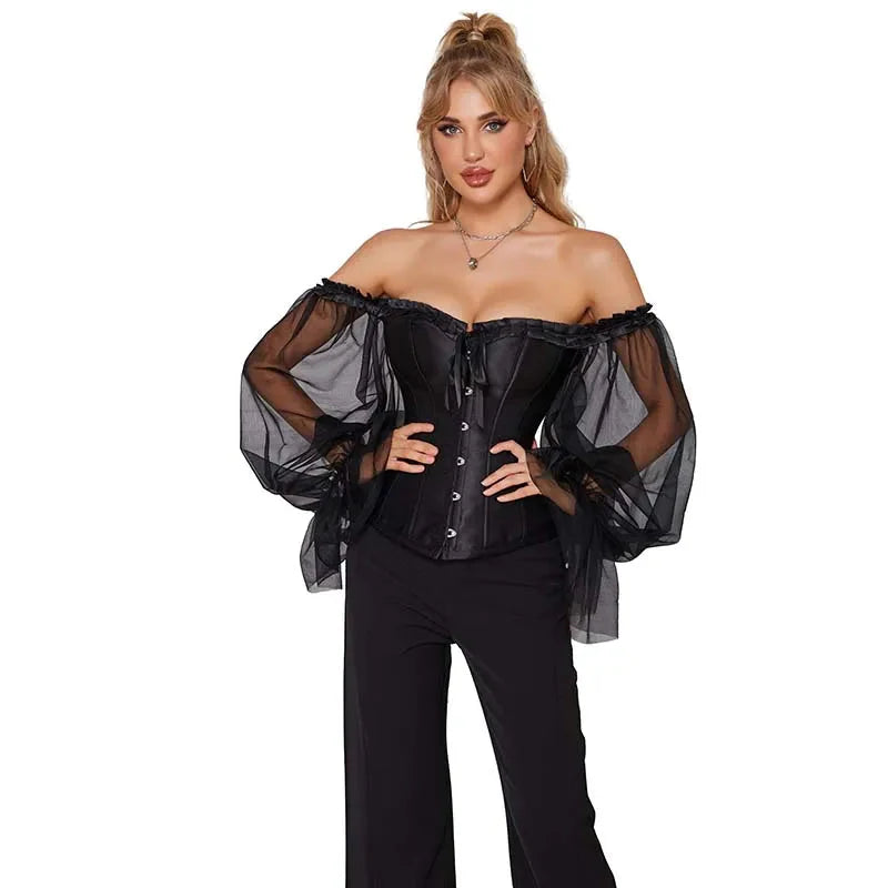 Ruffled Gothic Corselet Top With Puff Sleeves And Lace-Up Boning Transparent Satin Overbust Corset For Women - S