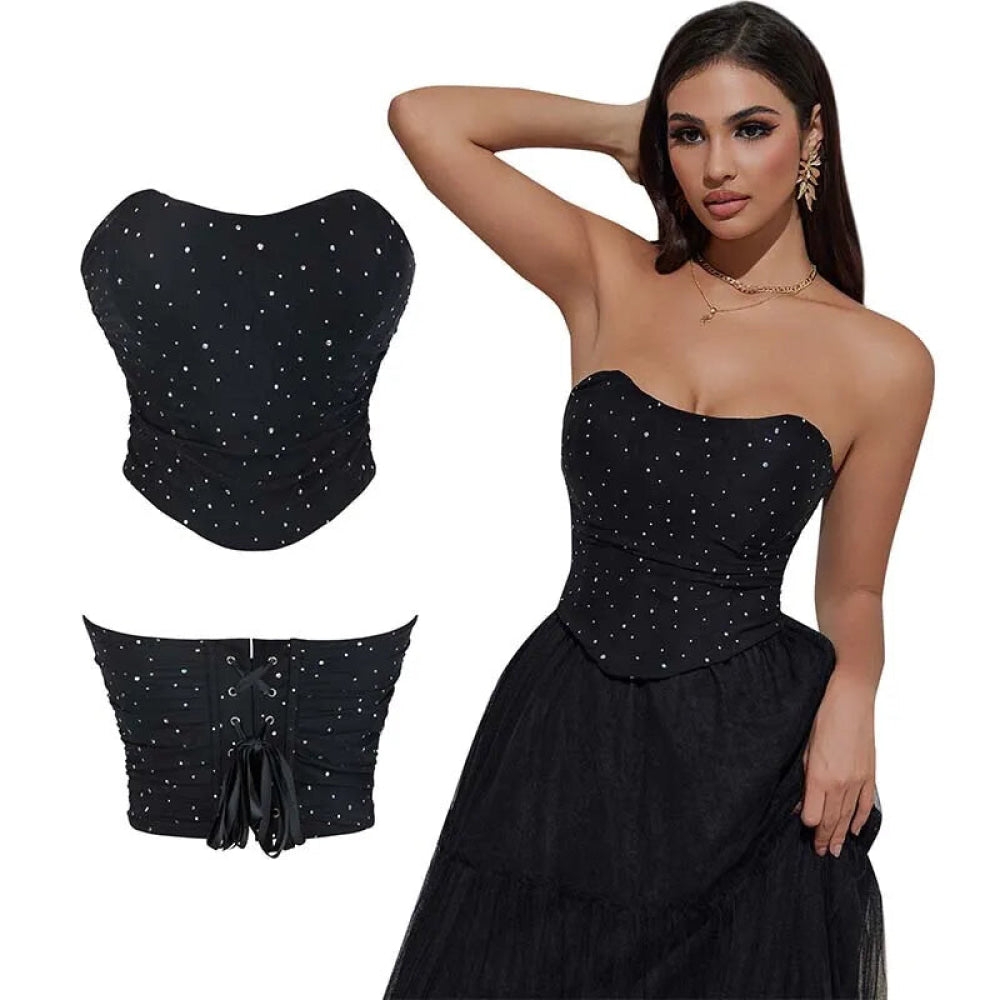 Black Ruched Hem Corset Crop Top For Plus Size Women Back Lace Tight Fit Sequined Detailing S-Xxl - L