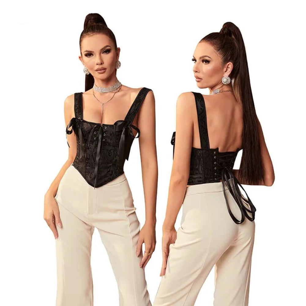 Floral Lace-Up Gothic Crop Top Sleeveless Boned Corset With Strap - Xxxl