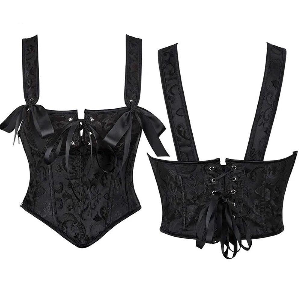 Floral Lace-Up Gothic Crop Top Sleeveless Boned Corset With Strap - M