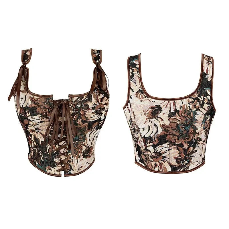 Brown Steampunk Corset Bustier Shoulder Strap Sleeveless Tank Top With Lace-Up Boning - 6Xl