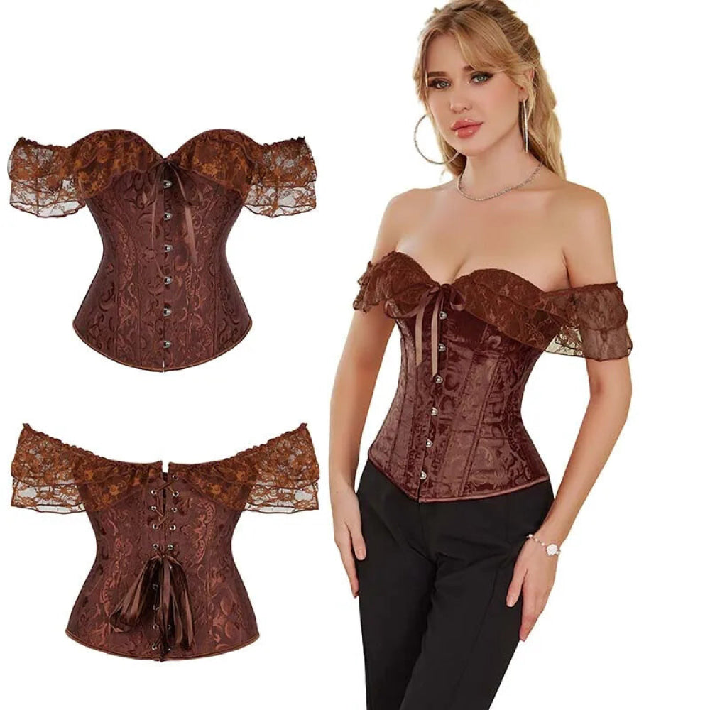 Brown Steampunk Corset With Front Busk Closure Floral Lace And Puff Sleeves - Dark Blue - Xxl