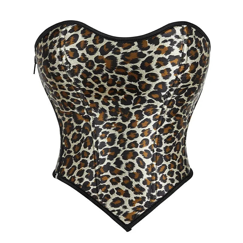 Leopard Print Zip-Up Corset Fishbone Support Plus Size S-Xxl - Xl