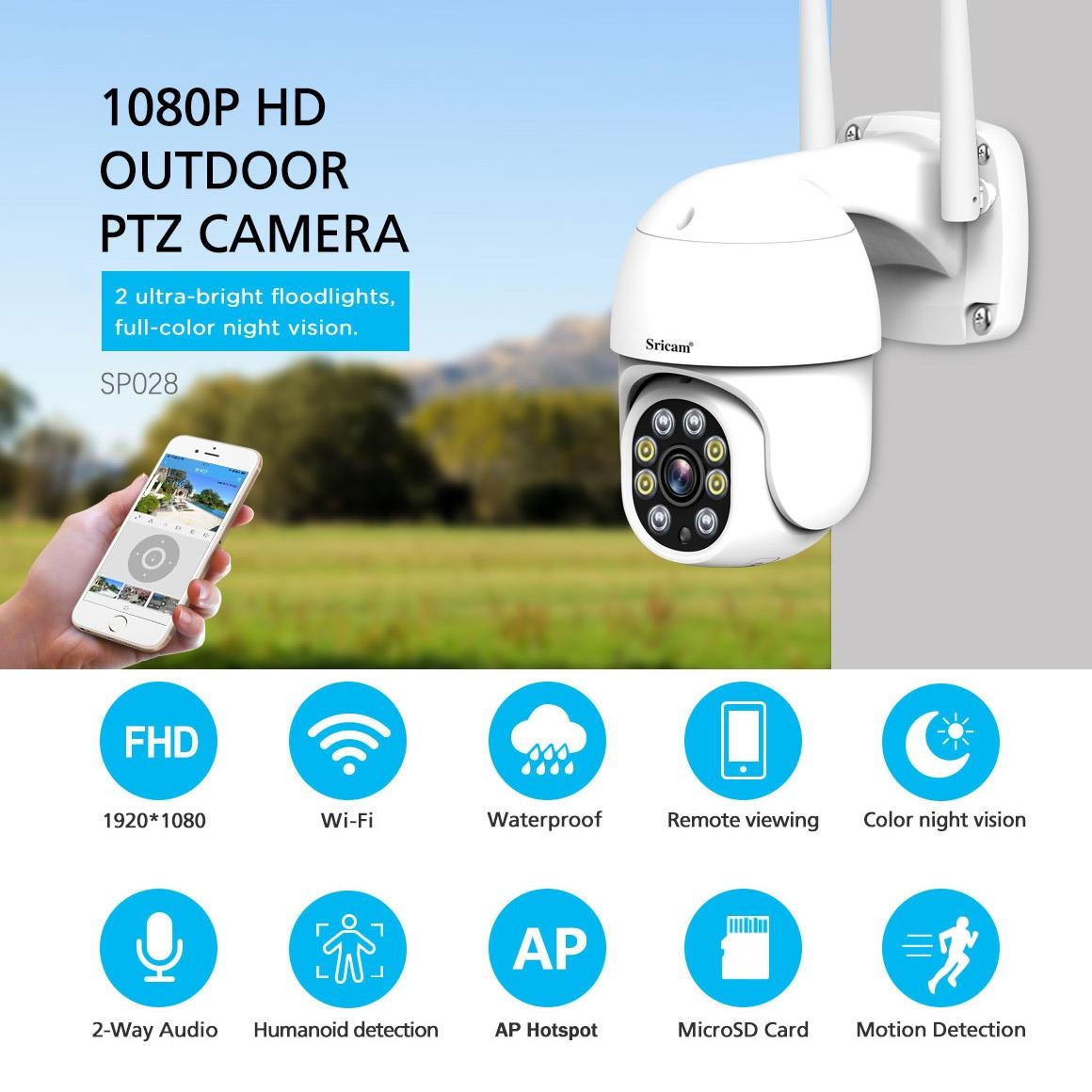 Outdoor Ptz Camera With 1080P Hd Two-Way Audio Motion & Humanoid Detection Colour Night Vision Tf Card Support