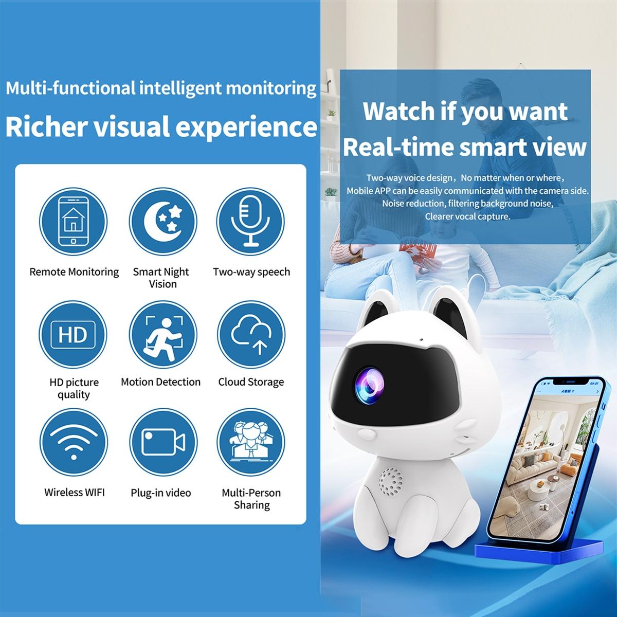 Smart Home Camera With Night Vision & Two-Way Voice & Motion Detection - Cute Pets White
