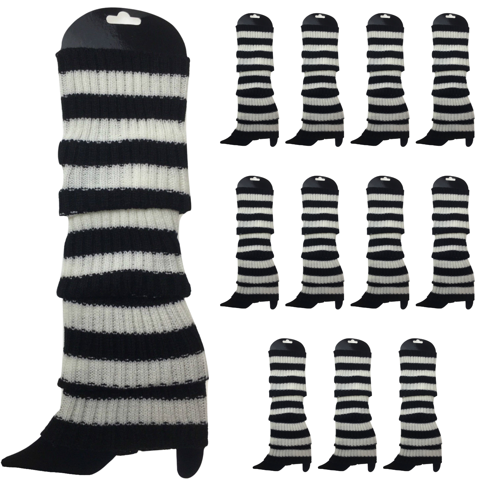 12x LEG WARMERS Knitted Womens Costume Neon Dance Party Knit 80s BULK - Black/White Stripe