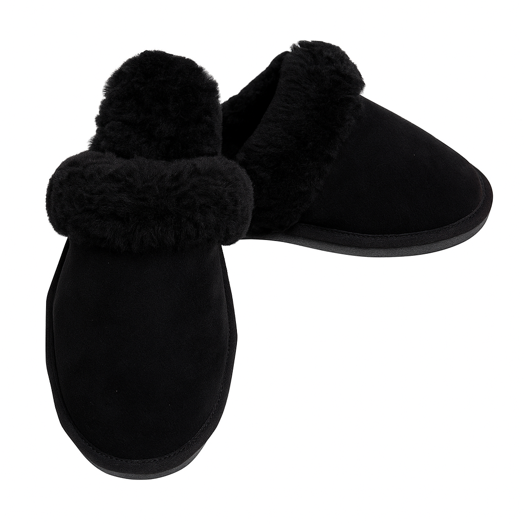 100% Sheepskin Moccasin Slippers Winter Genuine Scuffs Slip On Mens Womens - Black (with fur) - 8