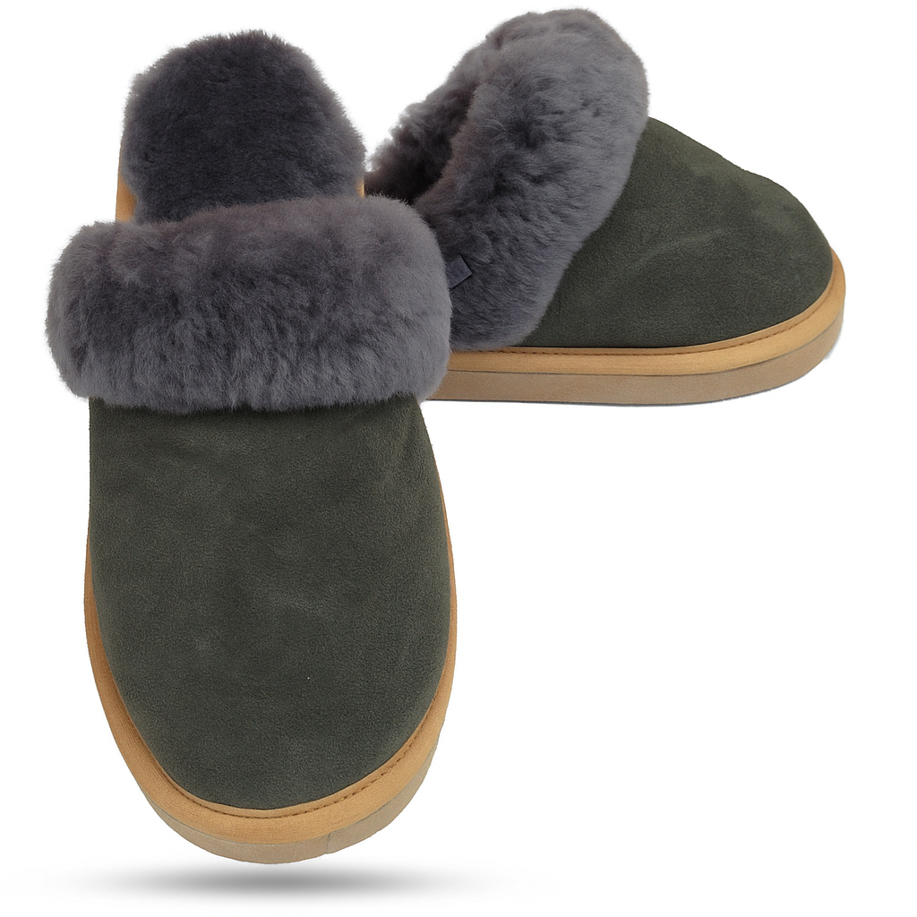 100% Sheepskin Moccasin Slippers Winter Genuine Scuffs Slip On Mens Womens - Grey (with fur) - 6