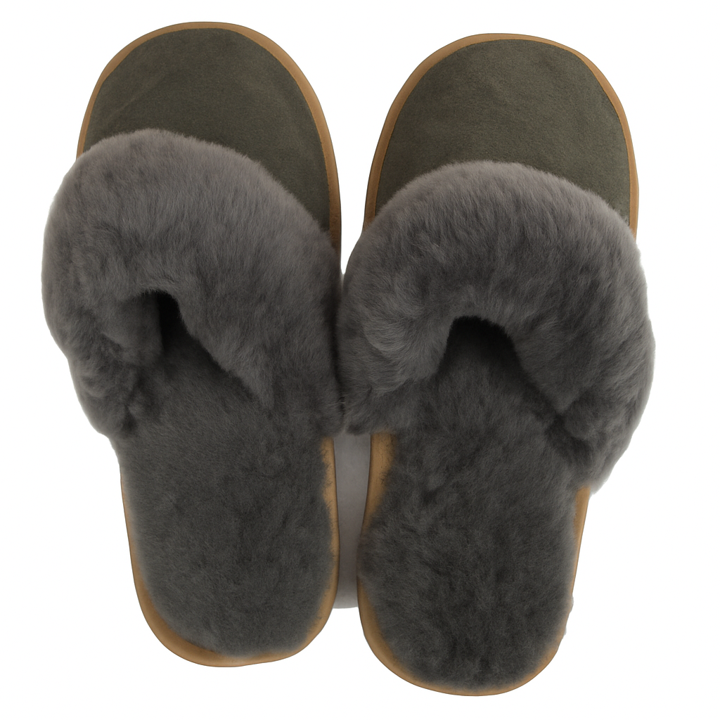 100% Sheepskin Moccasin Slippers Winter Genuine Scuffs Slip On Mens Womens - Grey (with fur) - 6