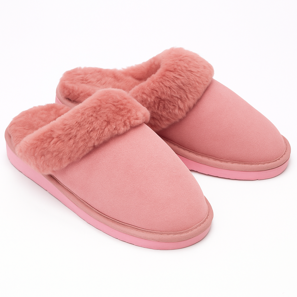 100% Sheepskin Moccasin Slippers Winter Genuine Scuffs Slip On Mens Womens - Pink (with fur) - 6