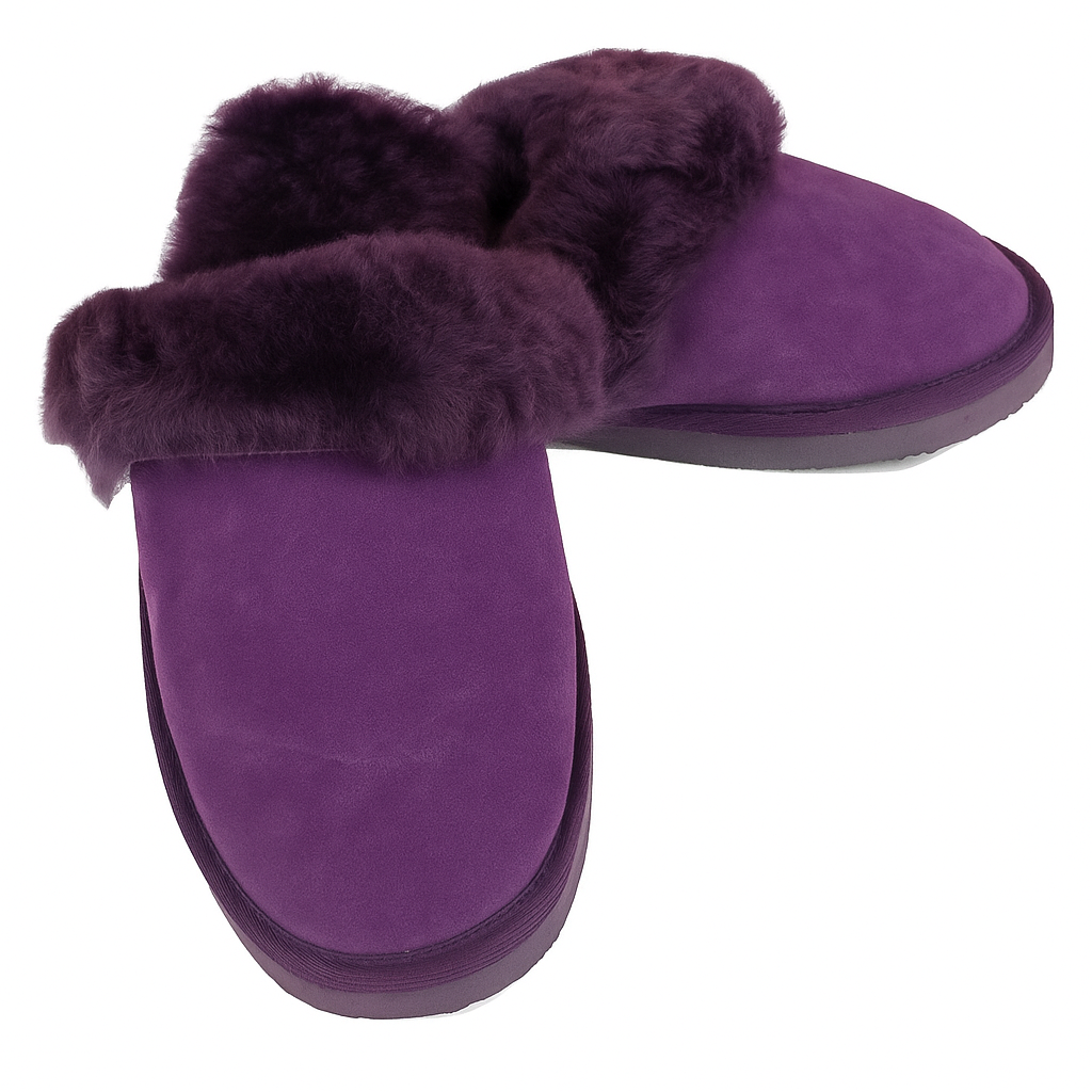 100% Sheepskin Moccasin Slippers Winter Genuine Scuffs Slip On Mens Womens - Purple (with fur) - 8
