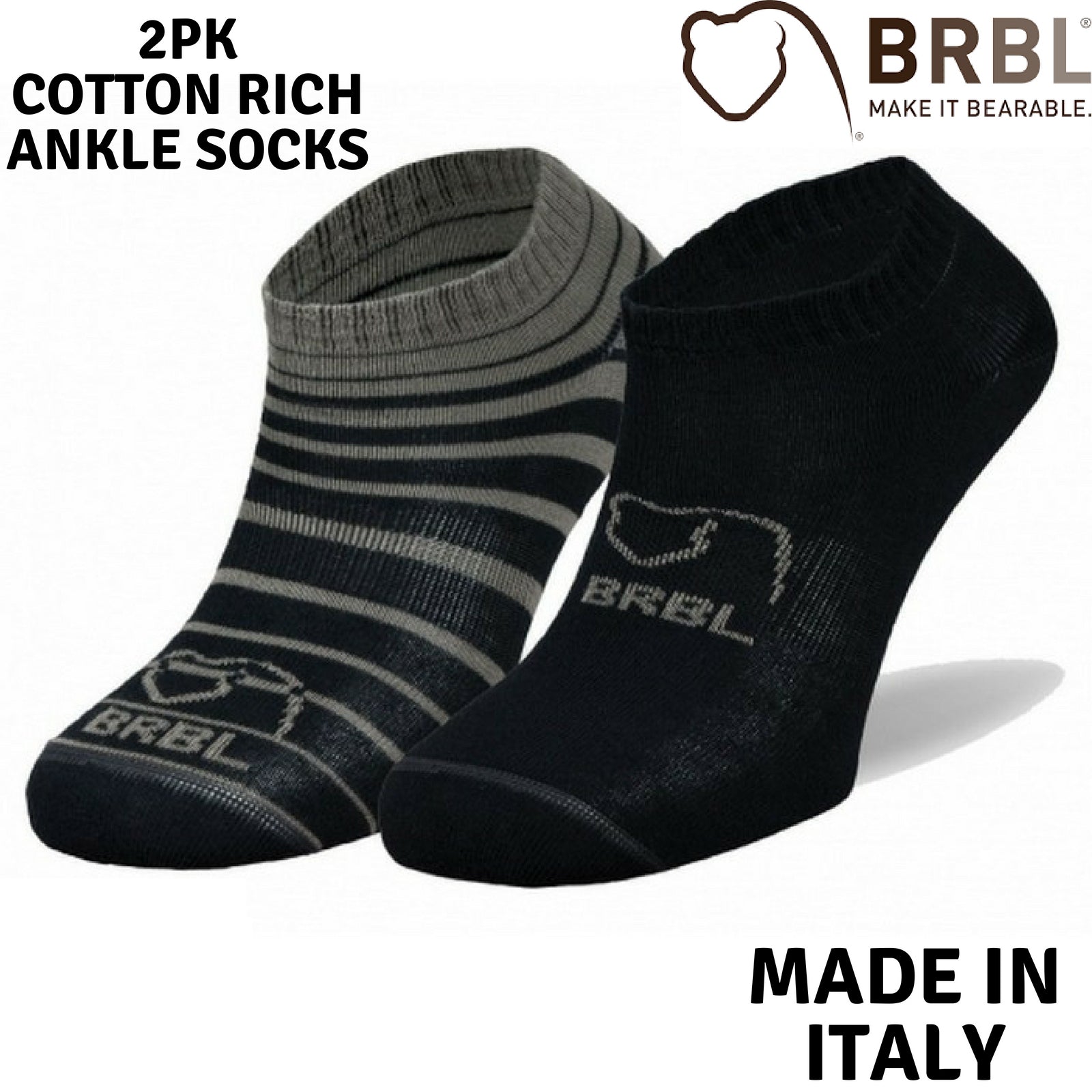 2pk BRBL Baloo Ankle Socks Low Cut MADE IN ITALY - Dark Grey/Mid Grey - L