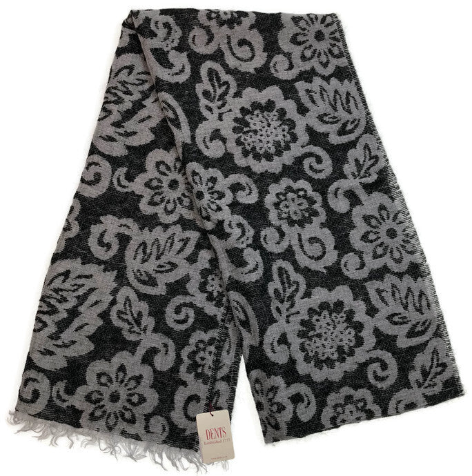 DENTS Large Pashmina Style Scarf w Floral Design Wool Blend Warm Winter - Black