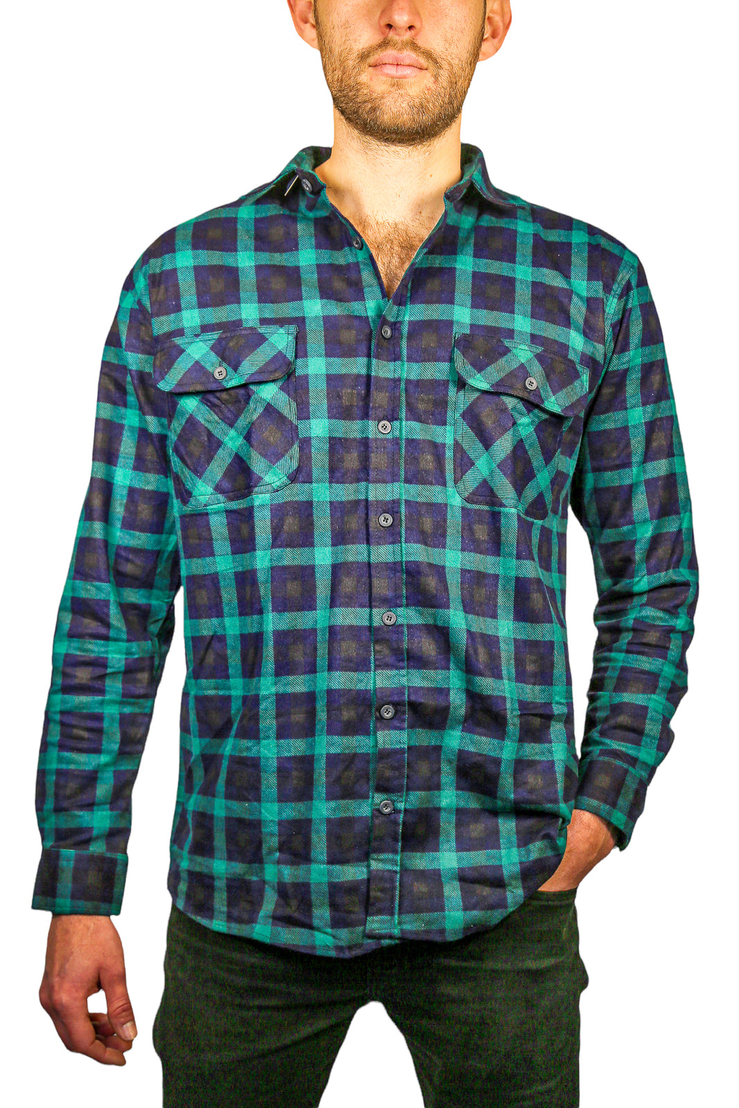 Mens 100% Cotton Flannelette Shirt Long Sleeve Check Authentic Flannel - Green/Navy - XL