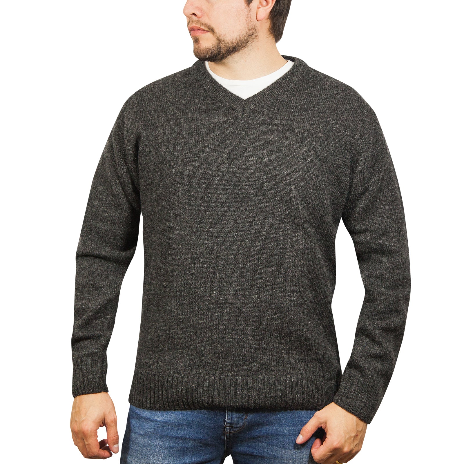 100% Shetland Ragg Wool V Neck Knit Jumper Pullover Mens Sweater Knitted - Charcoal - XXL