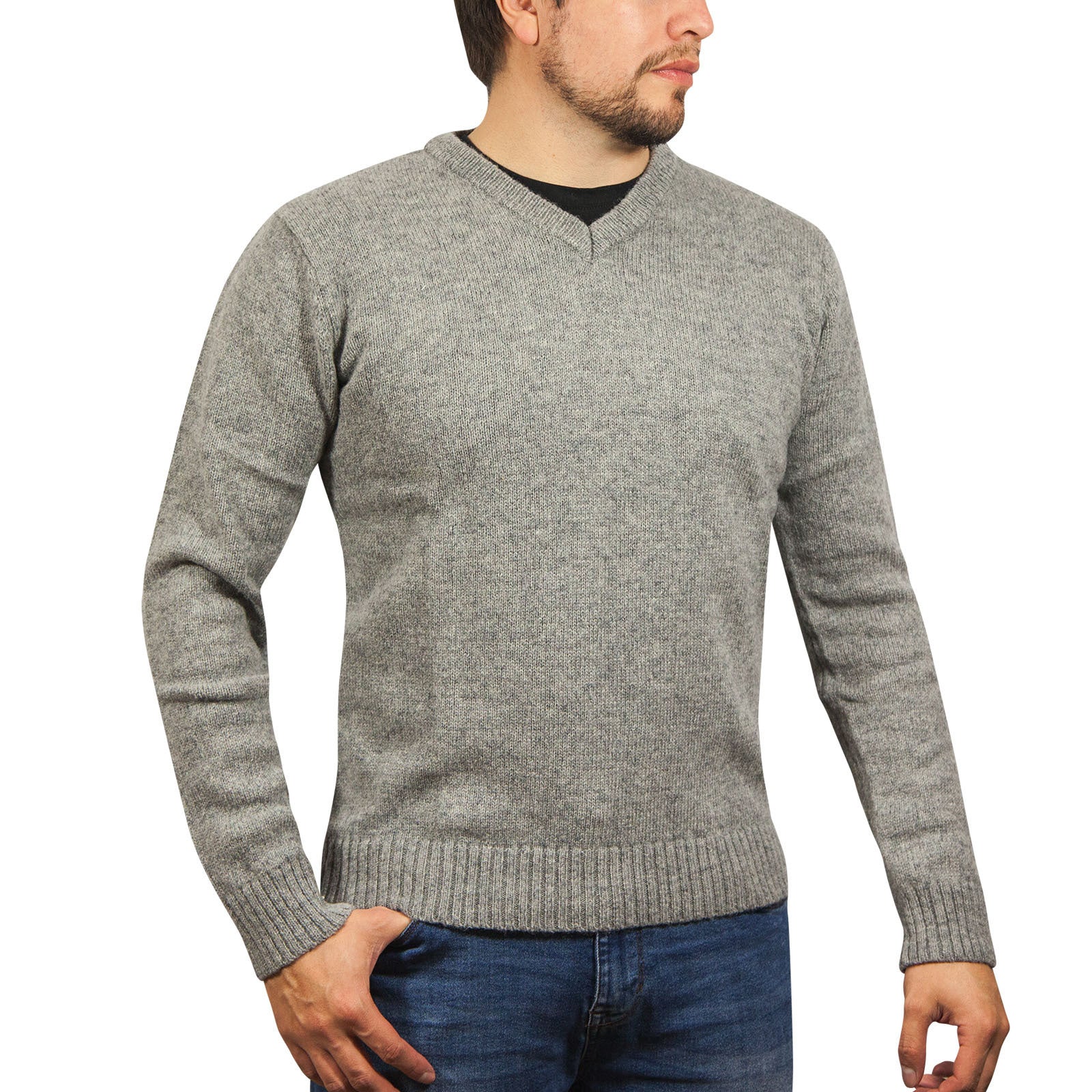 100% Shetland Ragg Wool V Neck Knit Jumper Pullover Mens Sweater Knitted - Grey - XXL