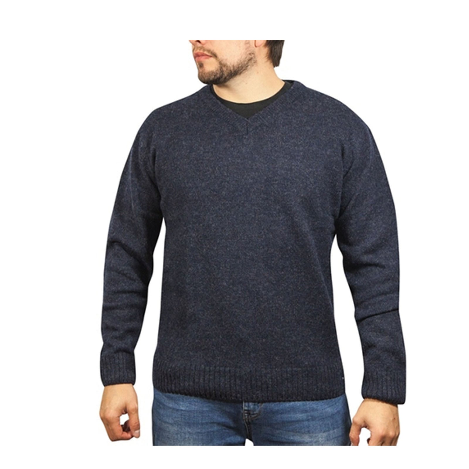 100% Shetland Ragg Wool V Neck Knit Jumper Pullover Mens Sweater Knitted - Navy - M