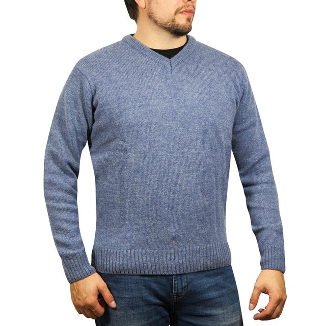 100% Shetland Ragg Wool V Neck Knit Jumper Pullover Mens Sweater Knitted - Sky - S