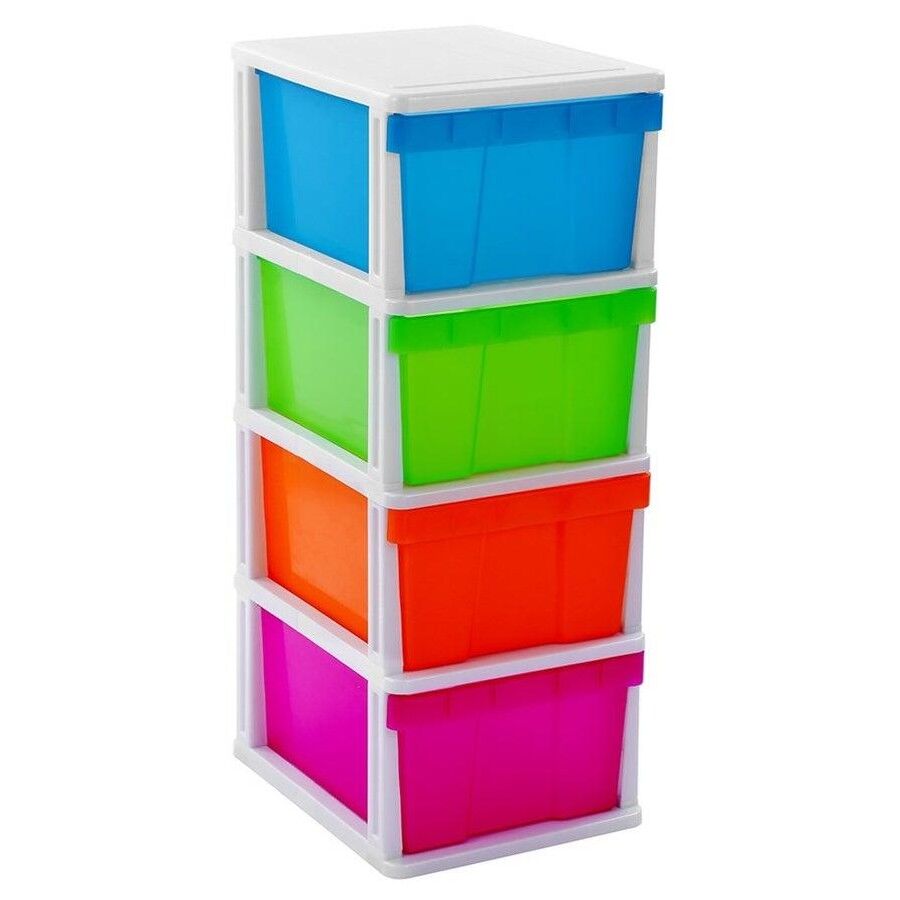 MEGA 4 Tier Drawer Storage Shelf Unit Organiser Plastic Level Office Cabinet in Coloured