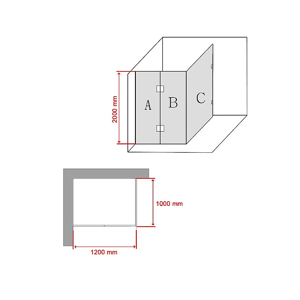 1200 x 1000mm Frameless 10mm Glass Shower Screen By Della Francesca