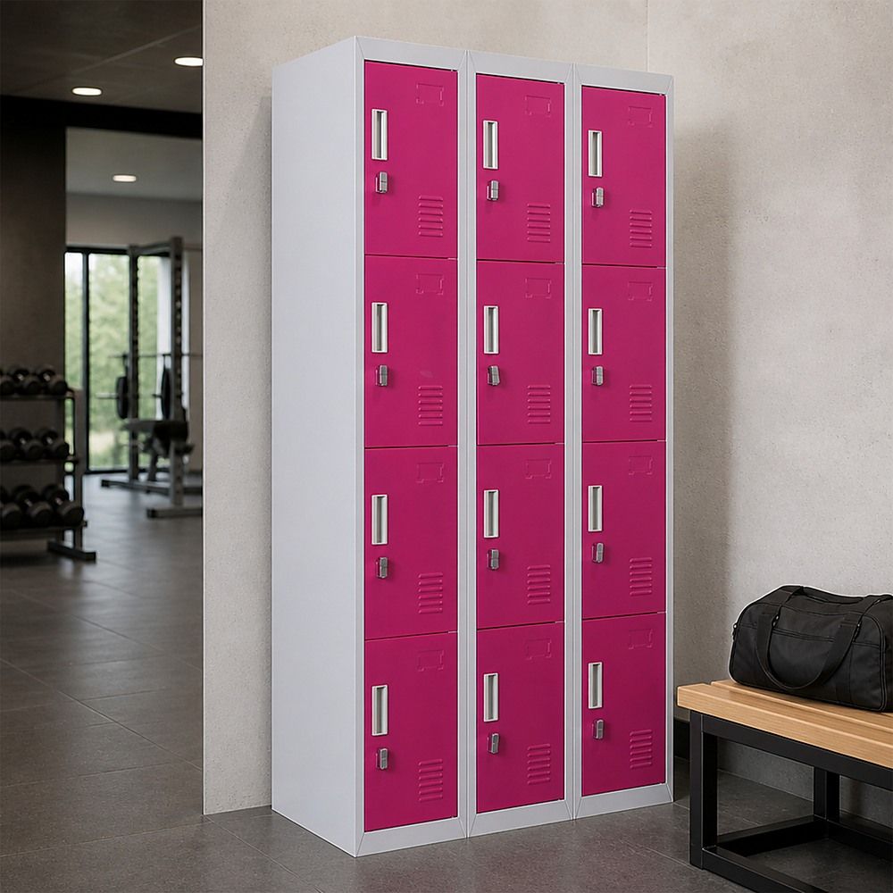 12-Door Steel Locker – Grey with Pink Door, Padlock-operated