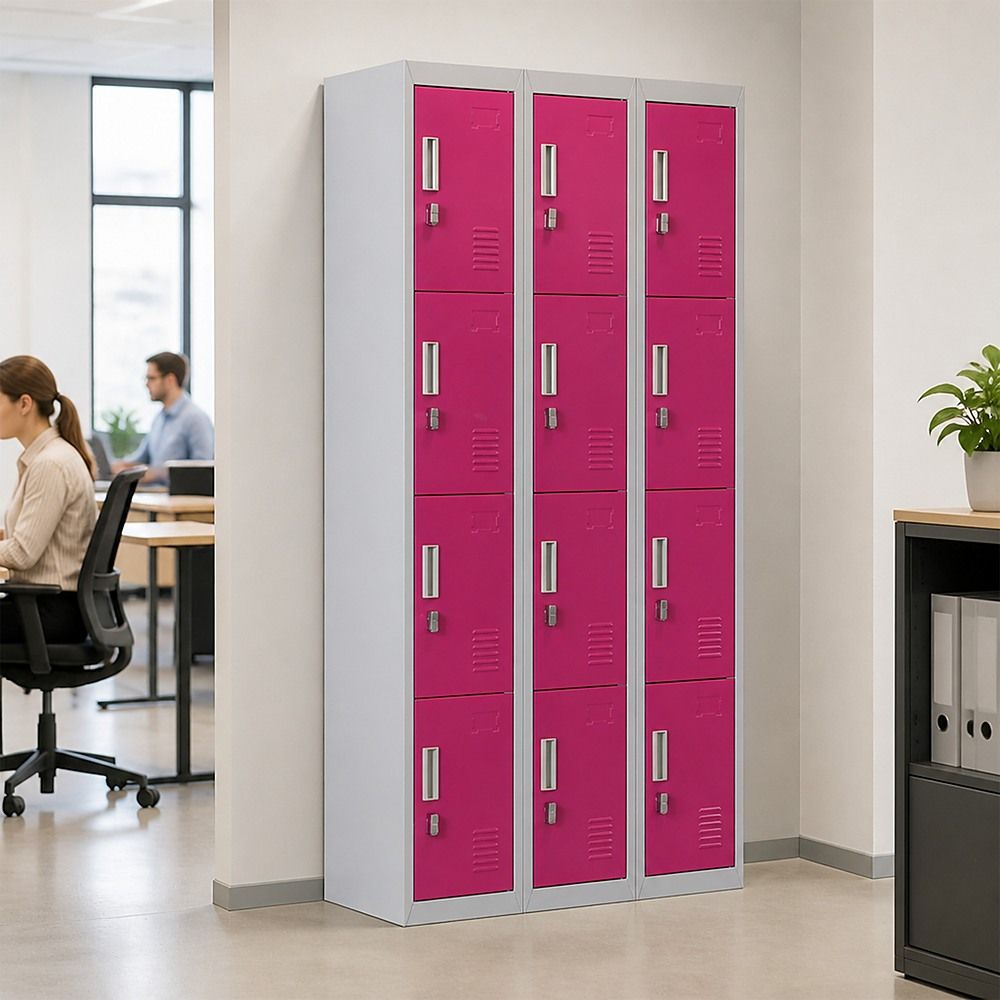 12-Door Steel Locker – Grey with Pink Door, Padlock-operated