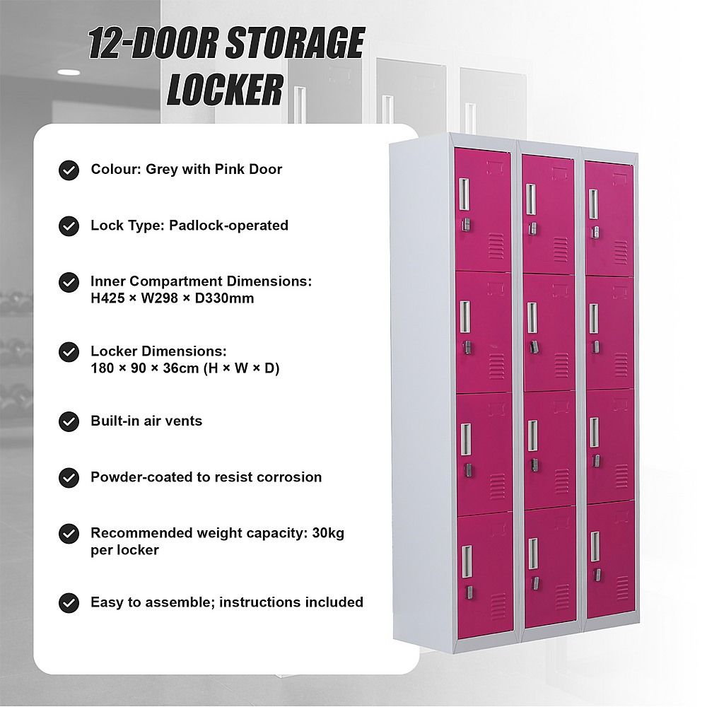12-Door Steel Locker – Grey with Pink Door, Padlock-operated