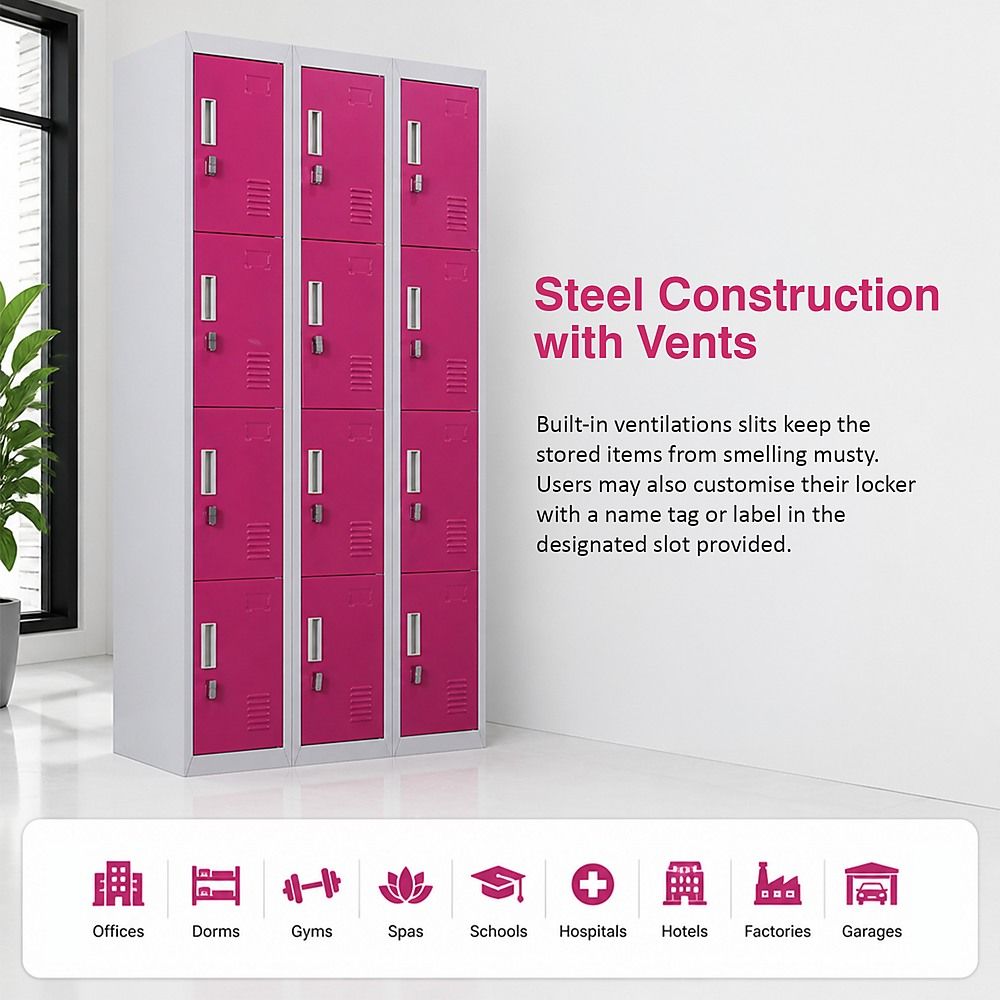 12-Door Steel Locker – Grey with Pink Door, Padlock-operated