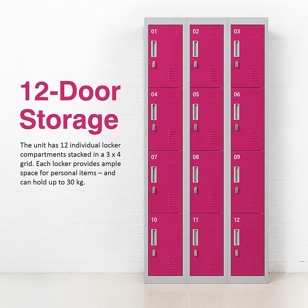 12-Door Steel Locker – Grey with Pink Door, Padlock-operated