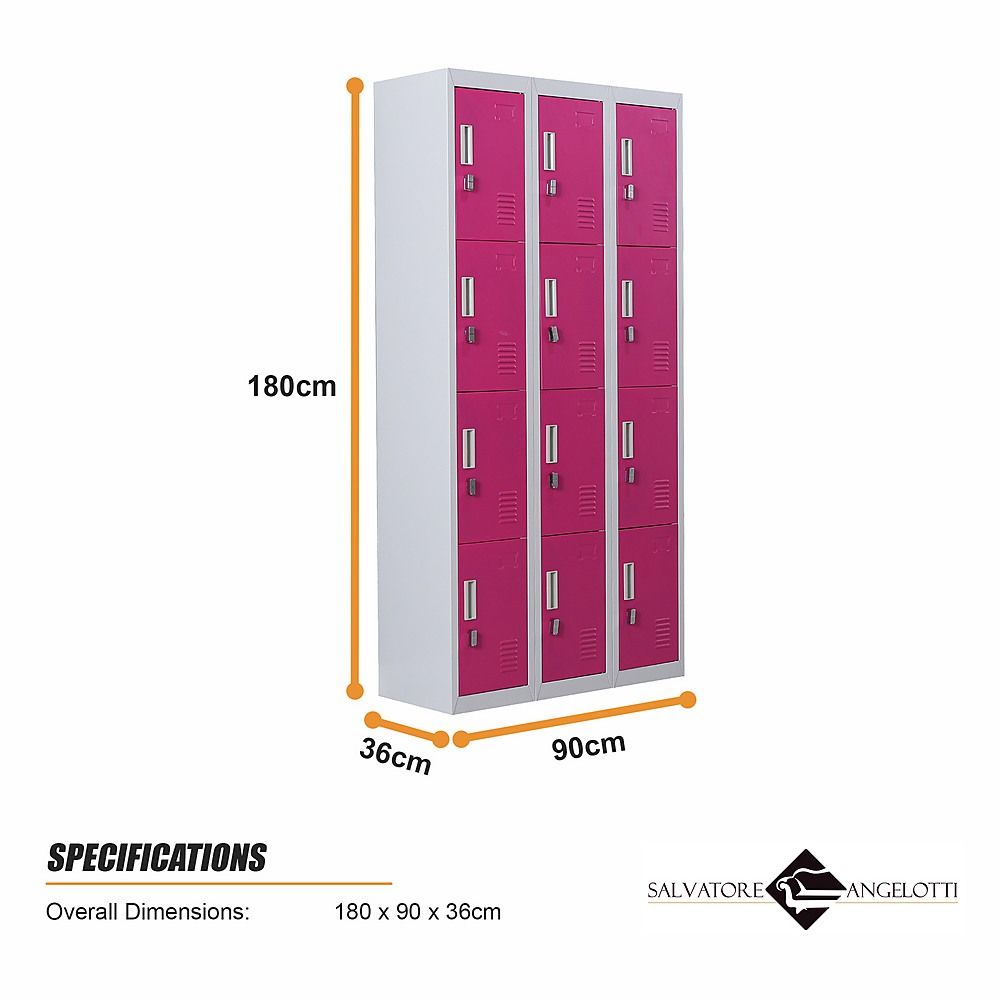 12-Door Steel Locker – Grey with Pink Door, Padlock-operated