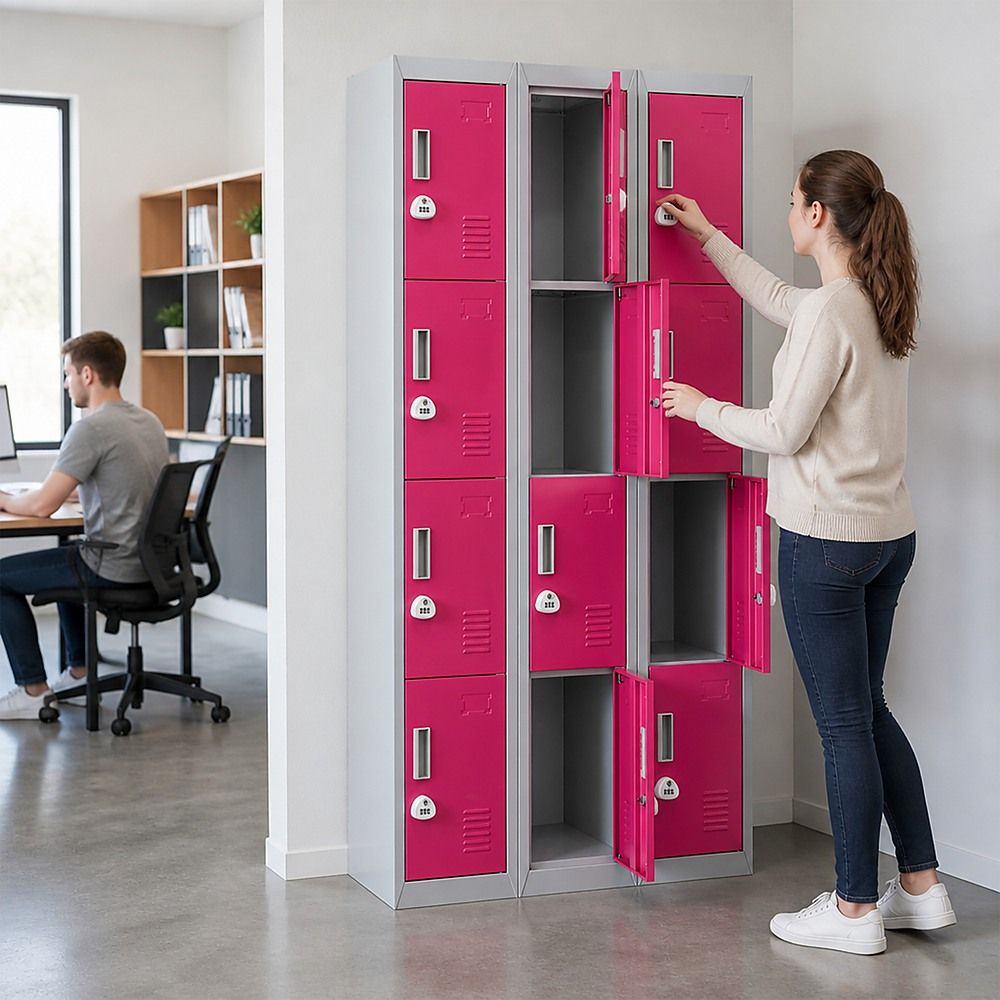 12-Door Steel Locker – Grey with Pink Door, 3-Digit Combination Lock