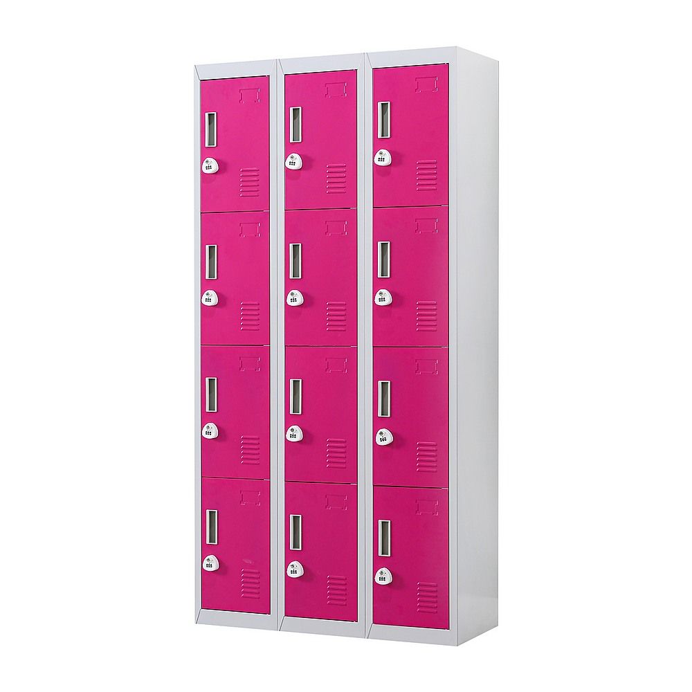12-Door Steel Locker – Grey with Pink Door, 3-Digit Combination Lock