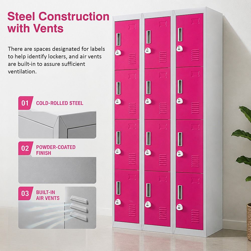 12-Door Steel Locker – Grey with Pink Door, 3-Digit Combination Lock