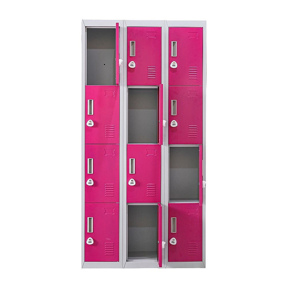 12-Door Steel Locker – Grey with Pink Door, 3-Digit Combination Lock